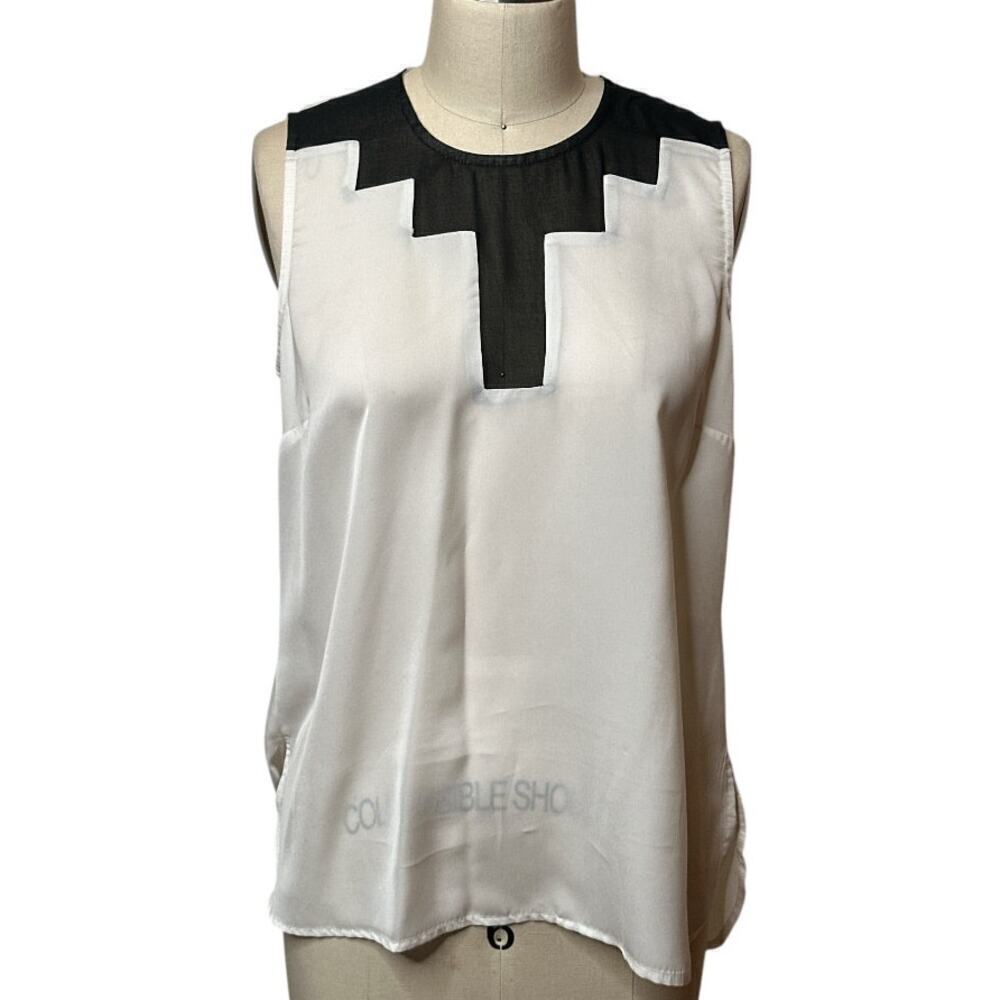 ABS White Black Mesh Neckline Sleeveless Blouse Top Women's Size S